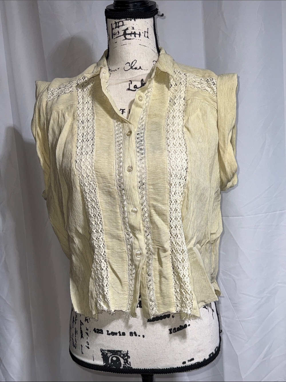 gimmicks by BKE Pale Yellow Lace-Trim Cropped Button Front Top